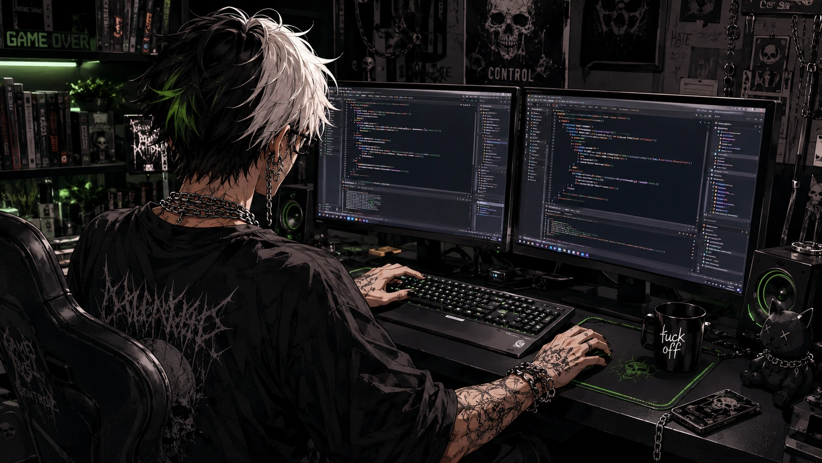 Haxurus at the desk with two screens full of code